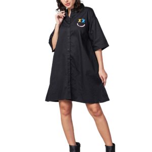 Women's Typography Oversized Fit Modern Half Sleeve Collar Cotton Twill Shirt Dress