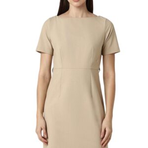 Women Beige Textured Knee Length Formal Dress