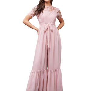 Women's Round Neck Short Sleeve Solid Lace Overlaid Regular Jumpsuit with Pockets