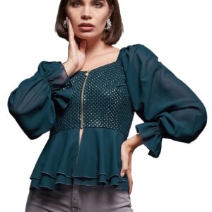 Women's Sweetheart Neck Full Sleeve Embellished Georgette Regular Top