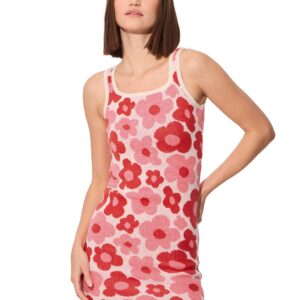 Jacquard Knit Dress: Women and Girls Sleeveless Round Neck Pink All Over Printed Floral Bodycon Mini Dresses