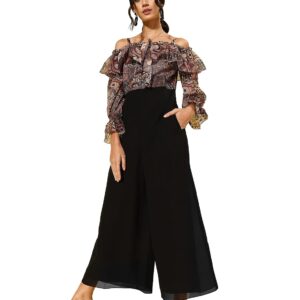 Women's Multicoloured-Base-Black Off-Shoulder Ruffled Sleeve Animal Print Frilled Regular Jumpsuit