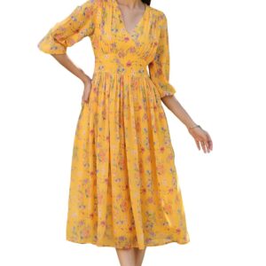 Women's Mustard Georgette Floral Printed Gathered Dress