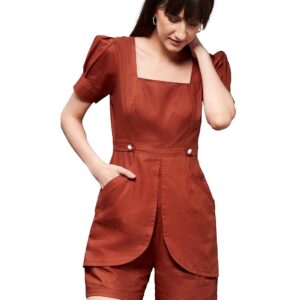 Womens Women's Rust Square Neck Pleated Cotton Solid Playsuit (MCSS22D15-44-606-04, Rust, M)