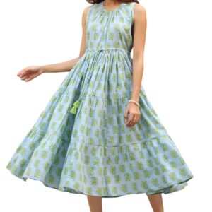 Women's Light Blue Pure Cotton Paisley Printed Tiered Dress