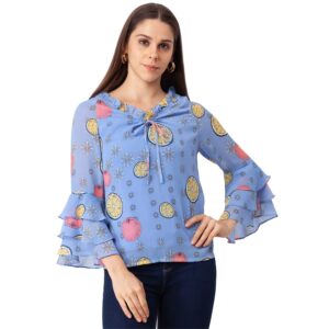 Women Blue Floral Print Tie-Up Neck Ruffles Top