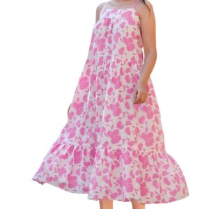 Women's Pink Pure Cotton Abstract Printed Tiered Dress