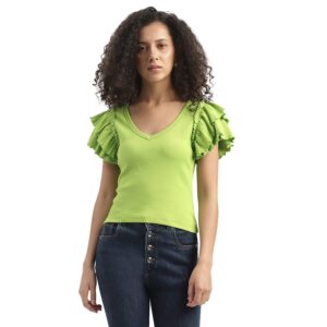 Slim Fit V-Neck Ruffle Sleeve Top