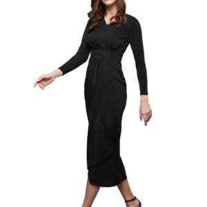 Women's V-Neck Full Sleeve Self Design Wrap Polyester Midi Dress