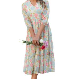 Women's Cream Georgette Floral Printed Tiered Dress