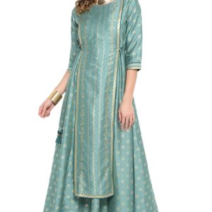 Women's Silk Blend Foil Printed Flared Ethnic Ankle Length Kurta Dress